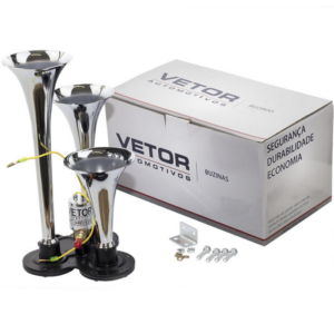 Buzina A Ar 3 Cornetas Cromada Com Valvula Elétrica 12/24V - VT049